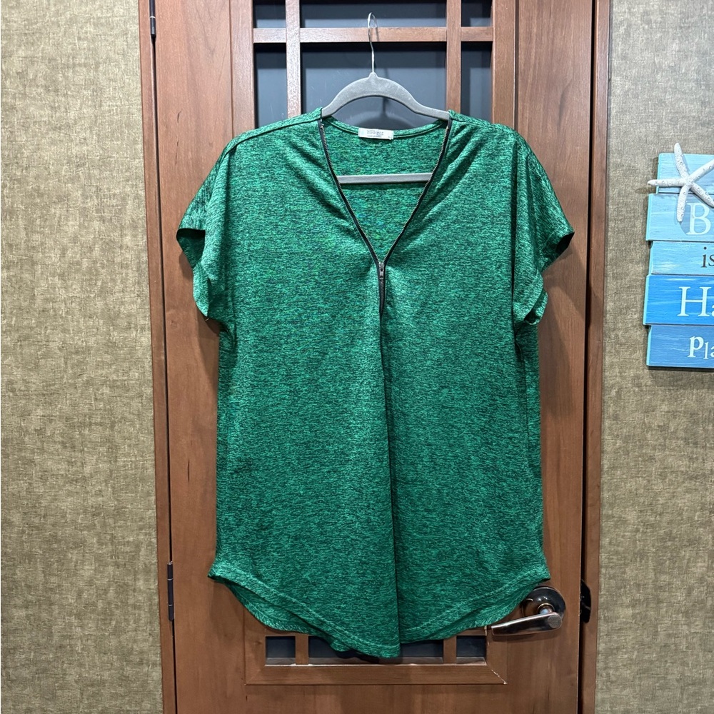 Green and Black V-Neck Women's Top